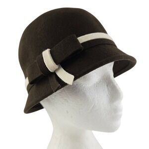 Sakkas Women's Brown 100% Wool Cloche Bucket Hat Cream Bow One Size